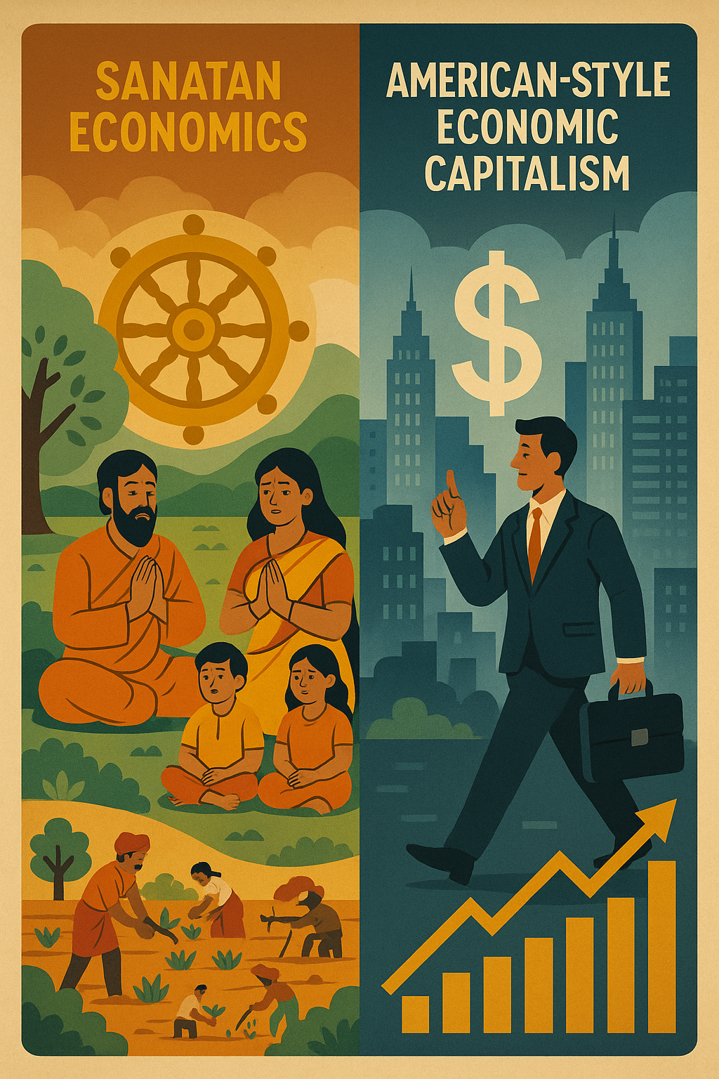 Sanatan Economics and American-style economic capitalism represent two distinct frameworks for organizing economic activity, each rooted in different cultural and philosophical traditions.